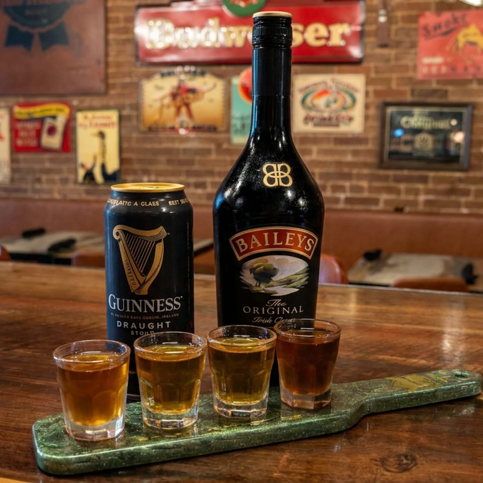 Guinness and Baileys bottles stand behind four whiskey tasting glasses on a wooden bar in a pub decorated with vintage beer signs.