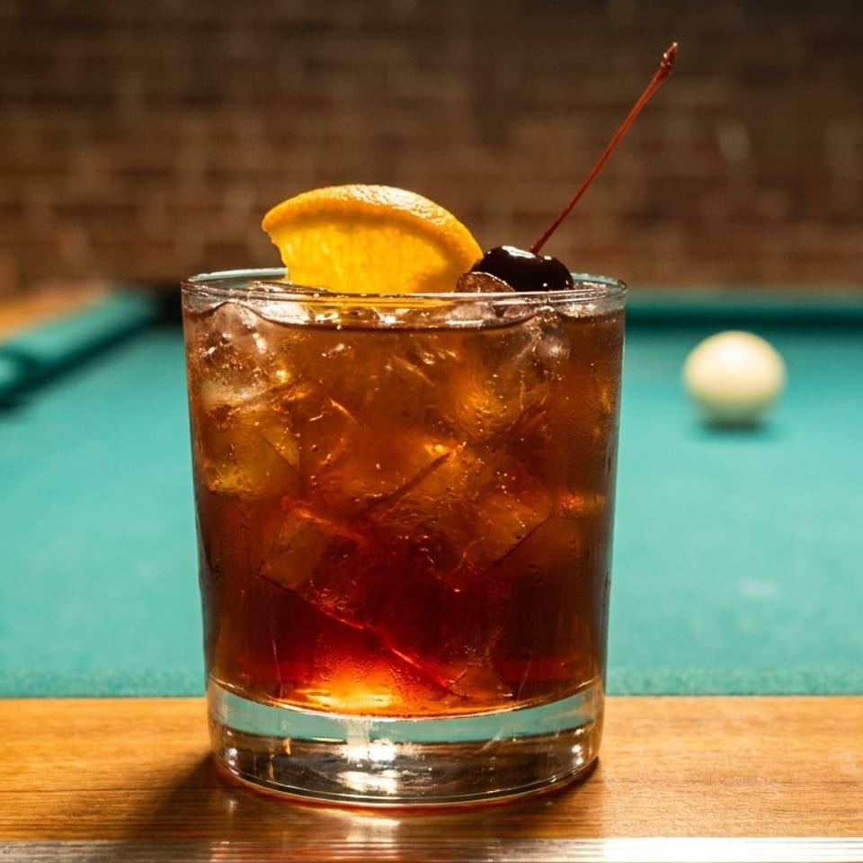 Whiskey cocktail with ice, orange slice, and cherry garnishes on a pool table beside a billiard ball.