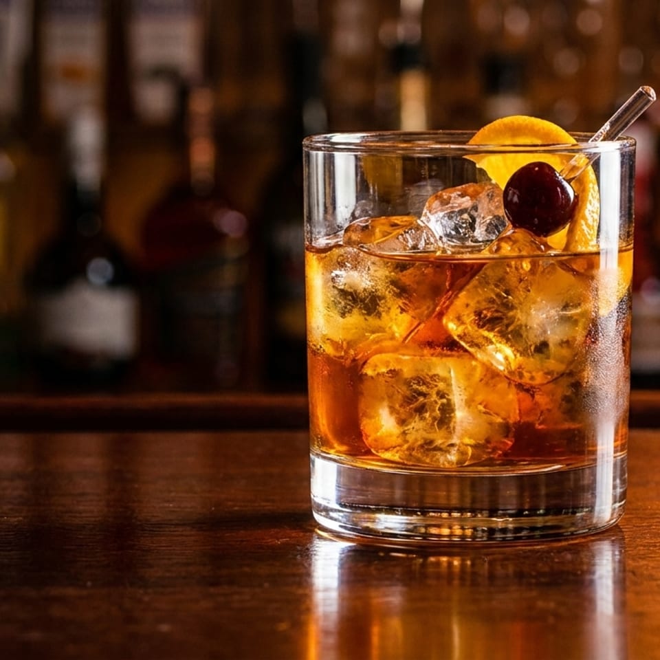 Amber cocktail with ice, orange peel, and cherry in a rocks glass on a polished wooden bar.